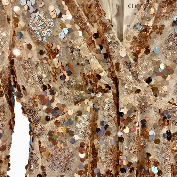 NWT Champagne, Rose Gold Sequin V-Neck Long Sleeve Mini Dress, Size 12 - Picture 4 of 10